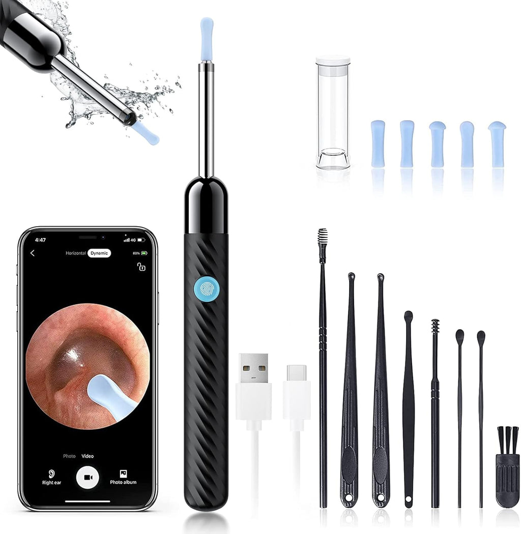 Ear Wax Removal - Earwax Remover Tool with 8 Pcs Ear Set - Ear Canal Cleaner with 1080P Camera - FSA HSA Eligible - Ear Cleaning Kit with 6 Ear Spoon - Ear Camera for Ios & Android (Black)