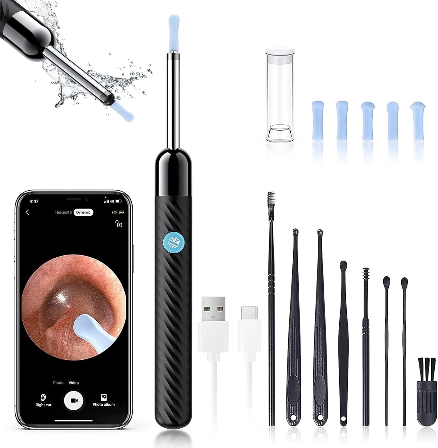 Ear Wax Removal - Earwax Remover Tool with 8 Pcs Ear Set - Ear Canal Cleaner with 1080P Camera - FSA HSA Eligible - Ear Cleaning Kit with 6 Ear Spoon - Ear Camera for Ios & Android (Black)